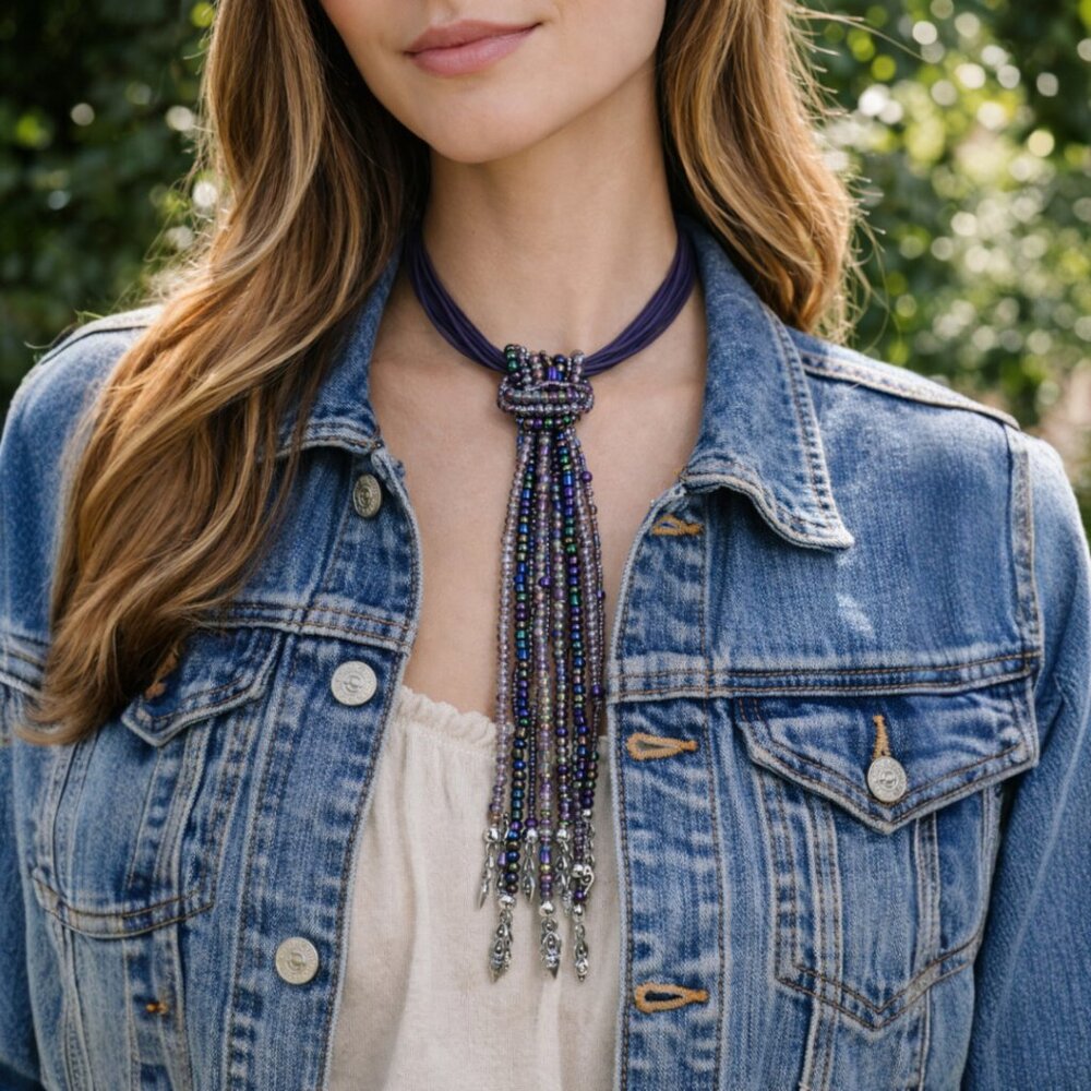 Multistrand Eggplant Purple Leather Choker w/ Beaded Strands Necklace